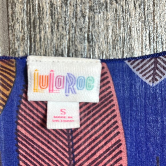 LuLaRoe Kimono Cover-Up Leaf Print Blue Pink Orange Fringe‎ Trim S - Picture 3 of 8